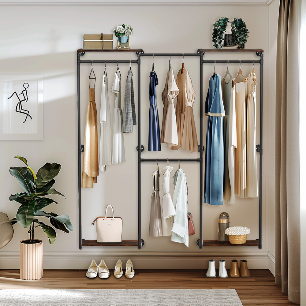 Wall-Mounted Industrial Pipe Clothes Rack with Shelves - The Grand Bazaar of Australia