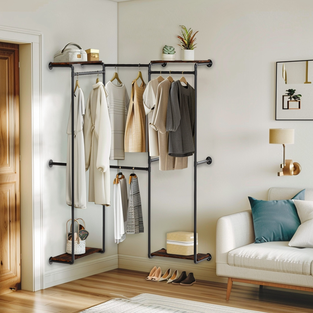 Wall-Mounted Industrial Pipe Clothes Rack with Shelves - The Grand Bazaar of Australia