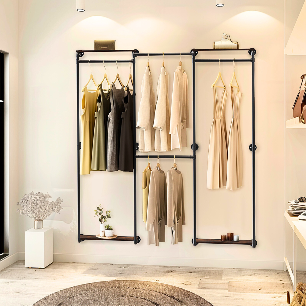 Wall-Mounted Industrial Pipe Clothes Rack with Shelves - The Grand Bazaar of Australia
