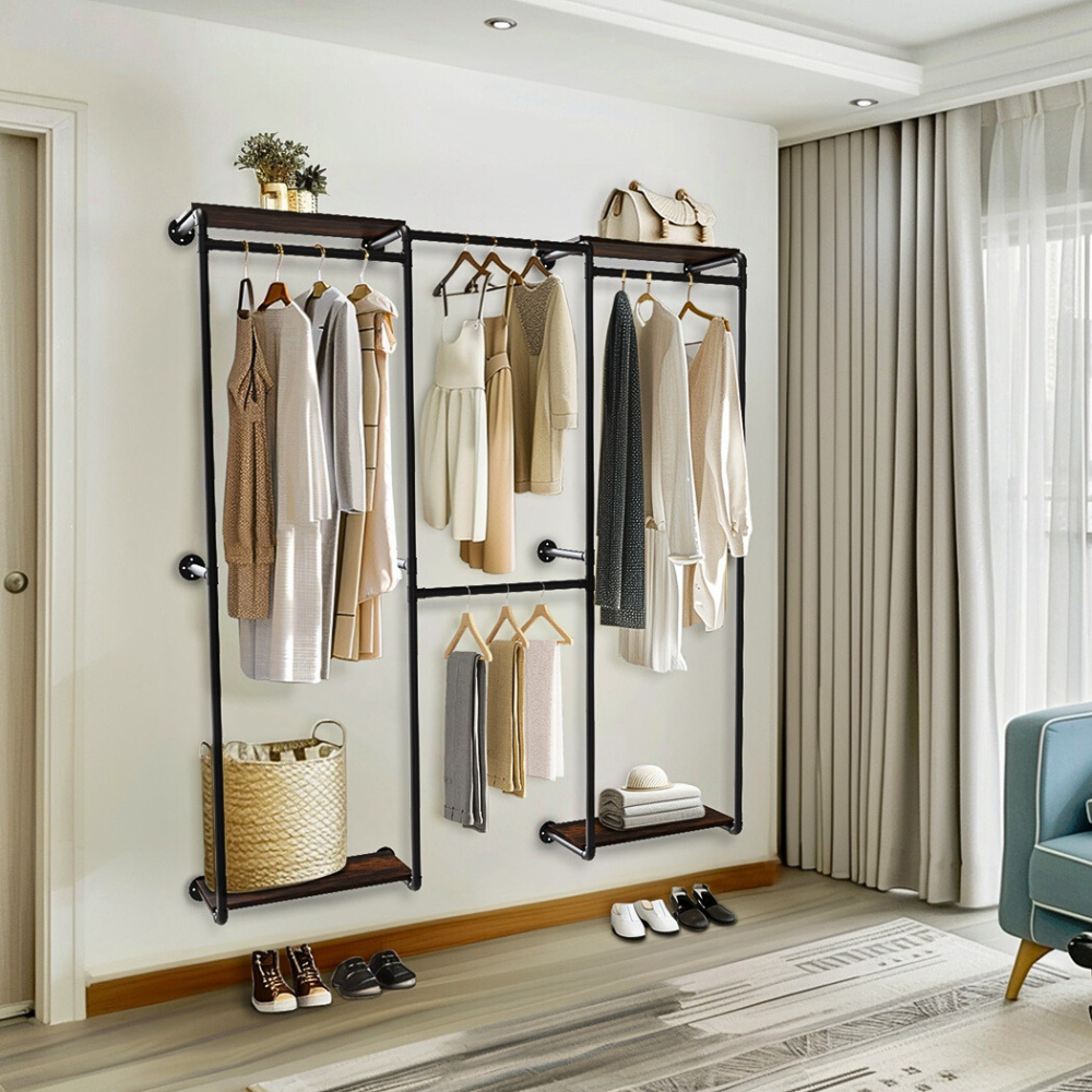 Wall-Mounted Industrial Pipe Clothes Rack with Shelves - The Grand Bazaar of Australia