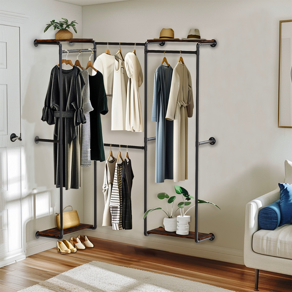 Wall-Mounted Industrial Pipe Clothes Rack with Shelves - The Grand Bazaar of Australia