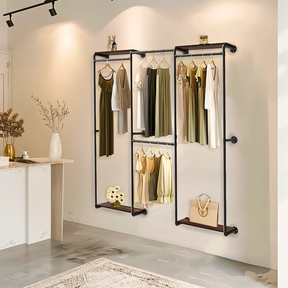 Wall-Mounted Industrial Pipe Clothes Rack with Shelves - The Grand Bazaar of Australia