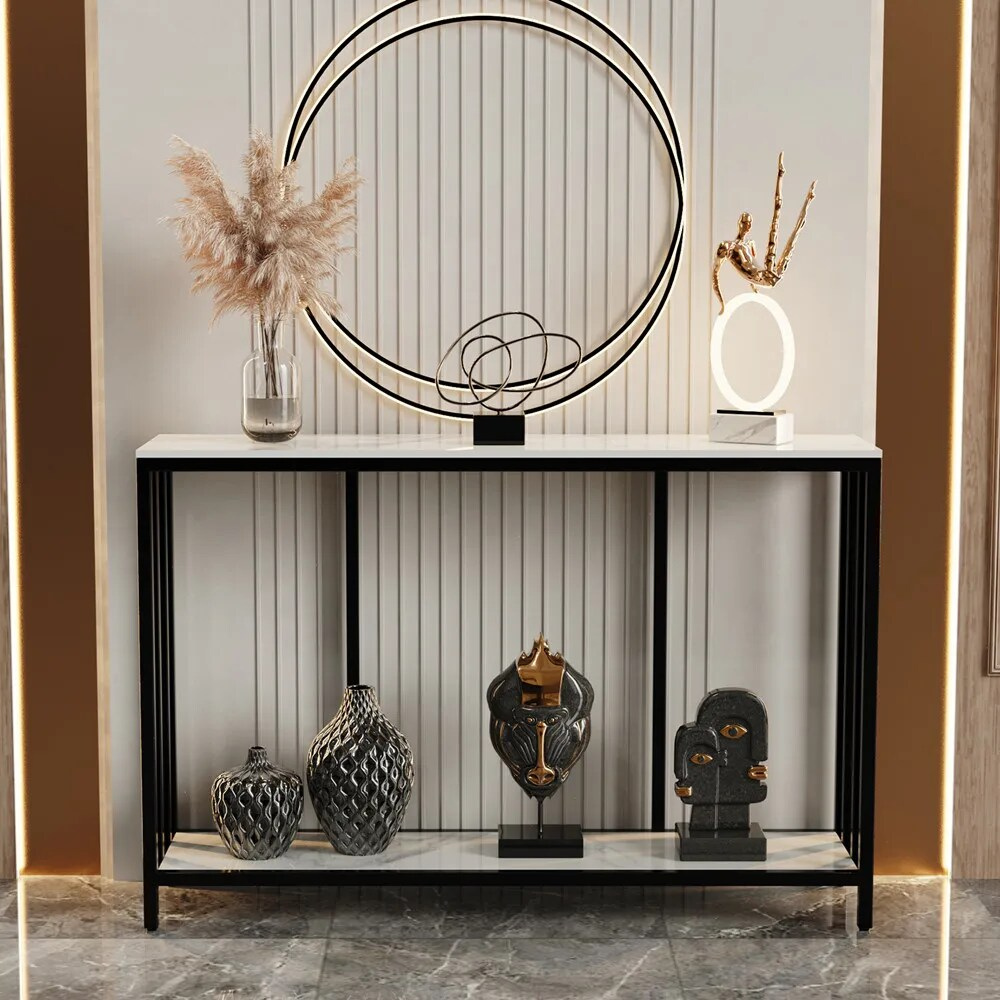 Modern White Marble Console Table with Storage Shelf - The Grand Bazaar of Australia