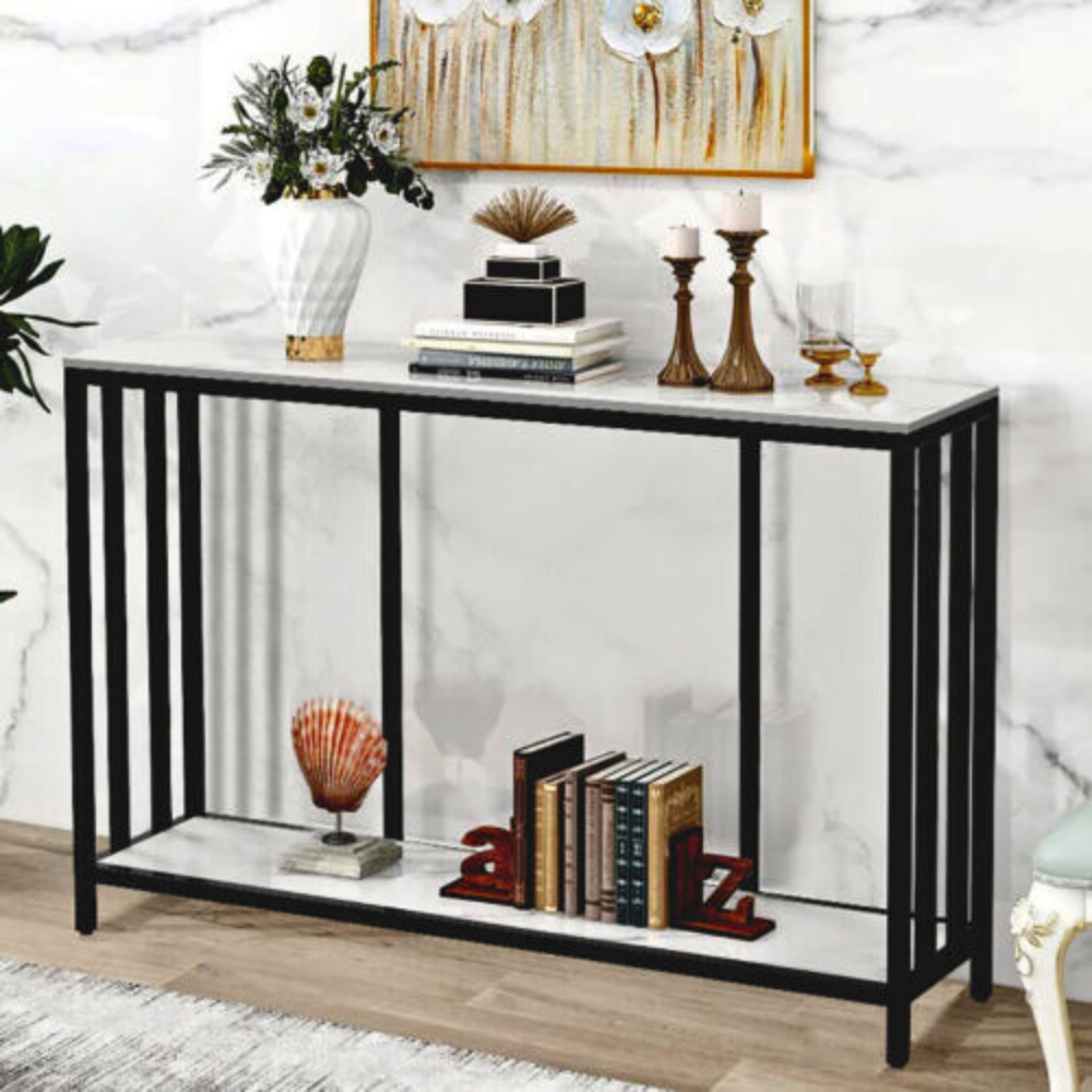 Modern White Marble Console Table with Storage Shelf - The Grand Bazaar of Australia