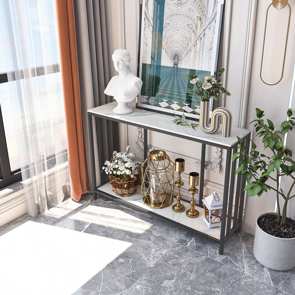 Modern White Marble Console Table with Storage Shelf - The Grand Bazaar of Australia