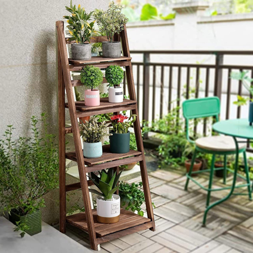 Folding 4 Tier Ladder Shelf Storage Shelving Unit Wooden Bookcase - The Grand Bazaar of Australia