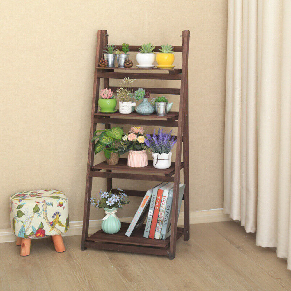 Folding 4 Tier Ladder Shelf Storage Shelving Unit Wooden Bookcase - The Grand Bazaar of Australia