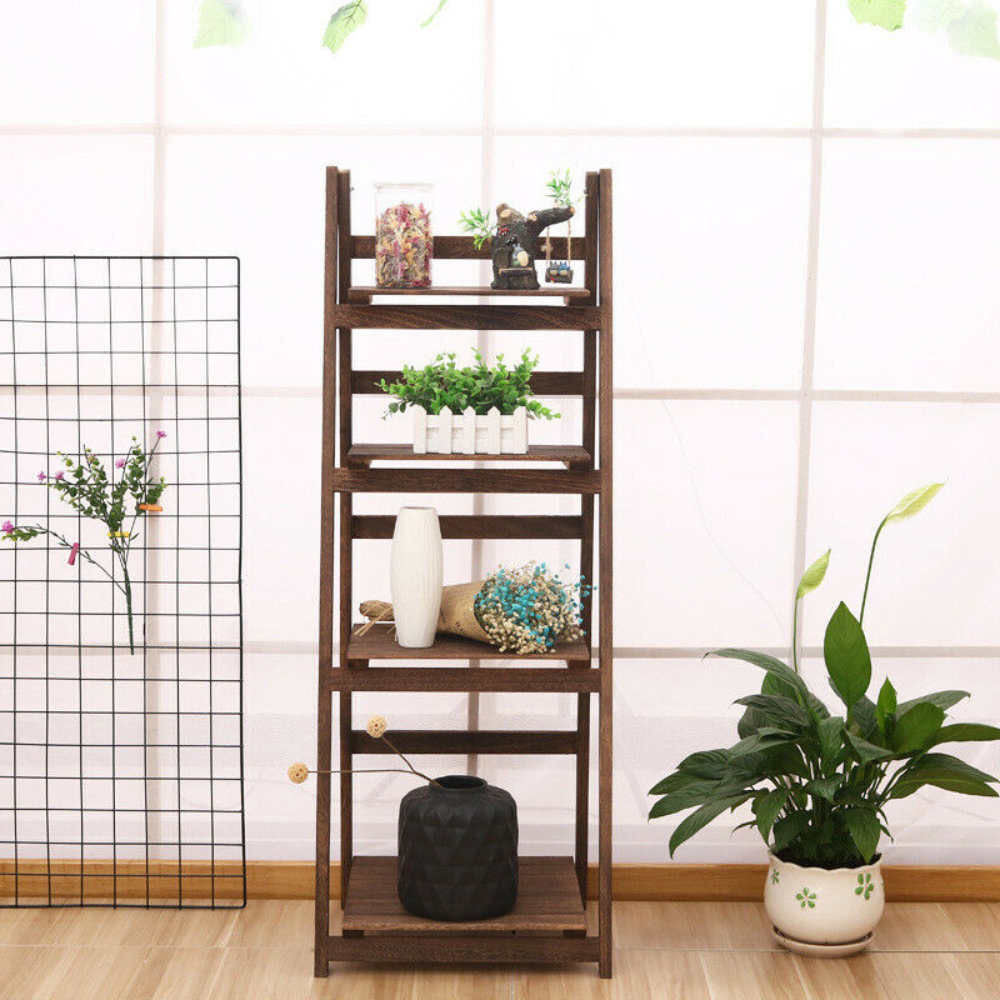 Folding 4 Tier Ladder Shelf Storage Shelving Unit Wooden Bookcase - The Grand Bazaar of Australia