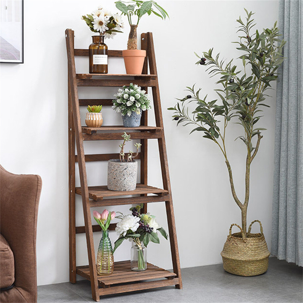 Folding 4 Tier Ladder Shelf Storage Shelving Unit Wooden Bookcase - The Grand Bazaar of Australia