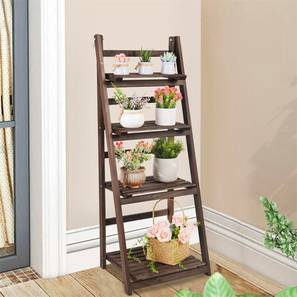 Folding 4 Tier Ladder Shelf Storage Shelving Unit Wooden Bookcase - The Grand Bazaar of Australia