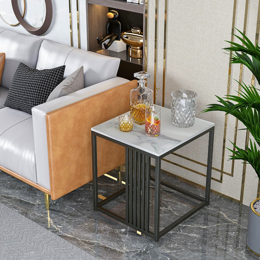 Minimalism Marble Stone Side Table White Top Black Frame - The Grand Bazaar of Australia