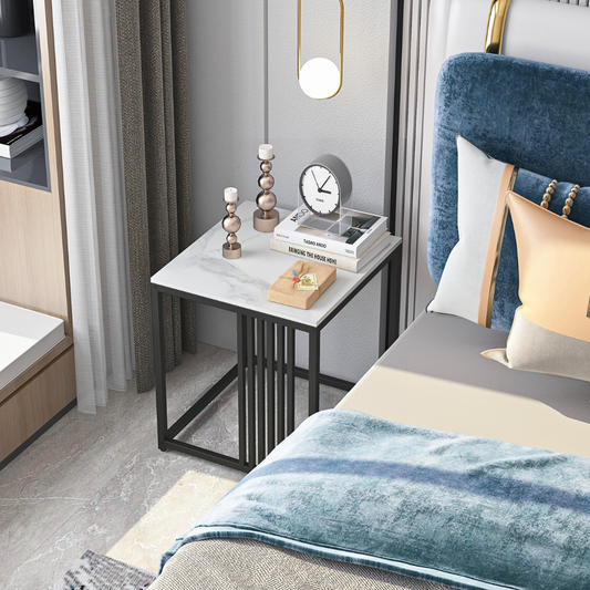 Minimalism Marble Stone Side Table White Top Black Frame - The Grand Bazaar of Australia