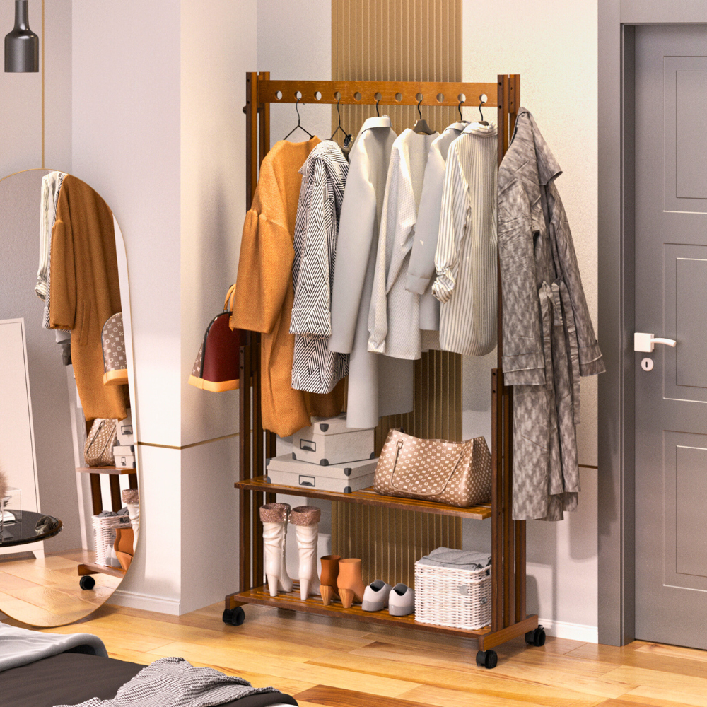 Entryway Hallway Clothes Rail Rack 2 Layer Shoe Shelves With Wheels - The Grand Bazaar of Australia
