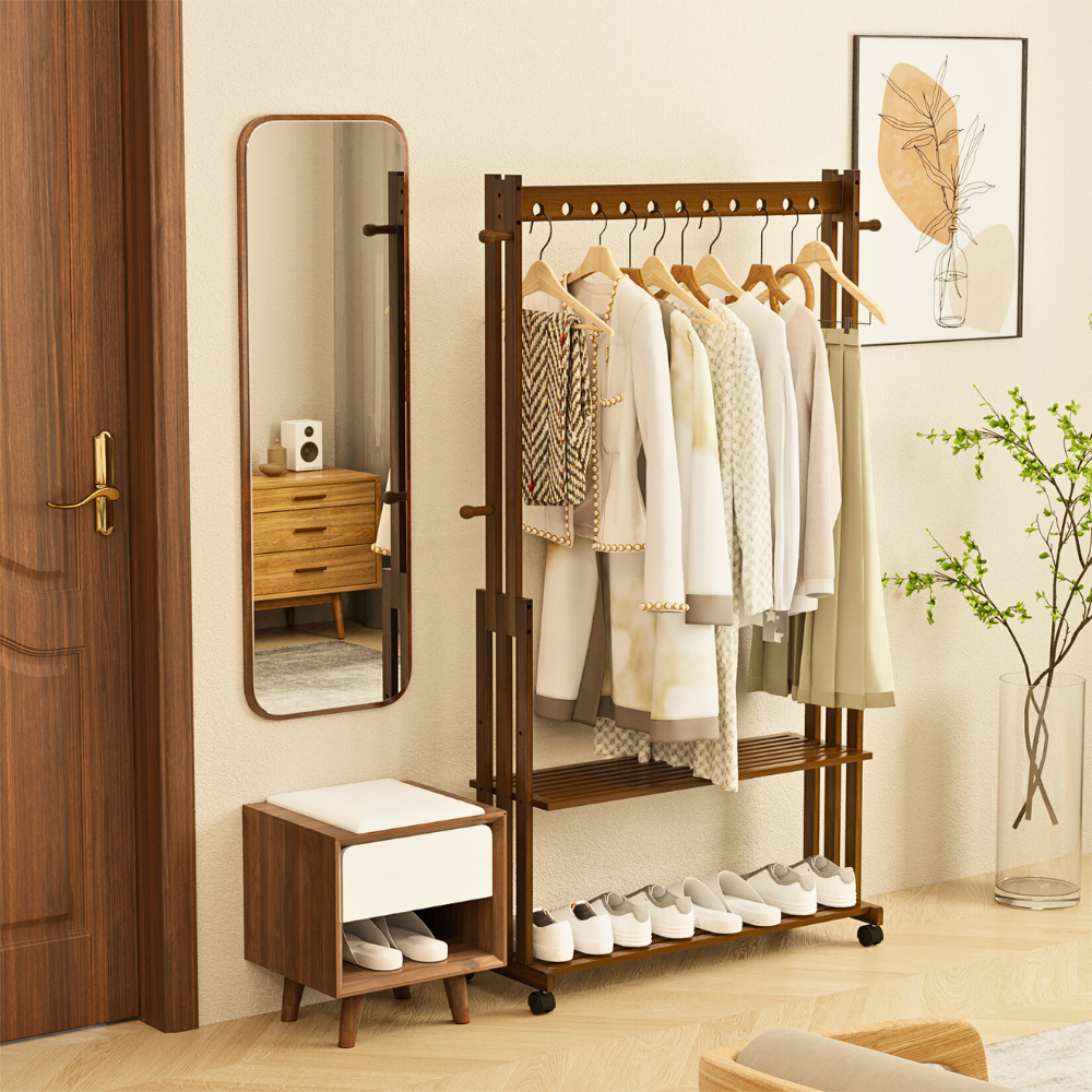 Entryway Hallway Clothes Rail Rack 2 Layer Shoe Shelves With Wheels - The Grand Bazaar of Australia