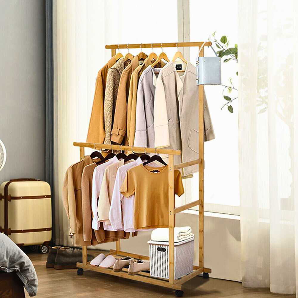 Free Standing Bamboo Double Hanging Clothes Organizer on Wheels - The Grand Bazaar of Australia