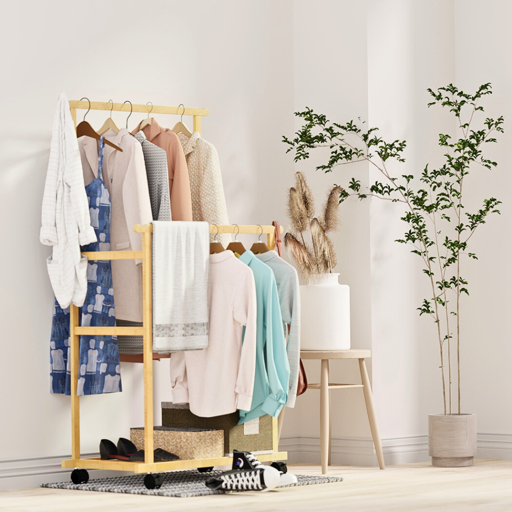 Free Standing Bamboo Double Hanging Clothes Organizer on Wheels - The Grand Bazaar of Australia
