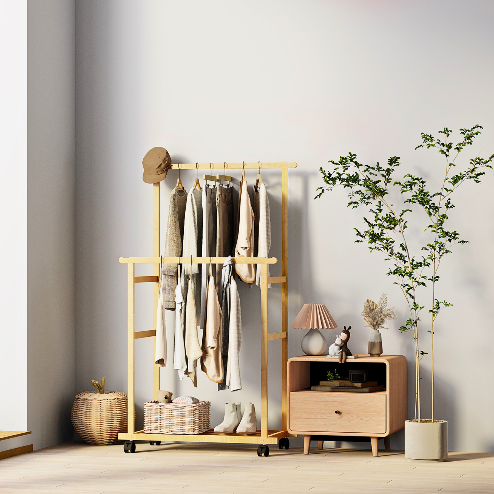 Free Standing Bamboo Double Hanging Clothes Organizer on Wheels - The Grand Bazaar of Australia