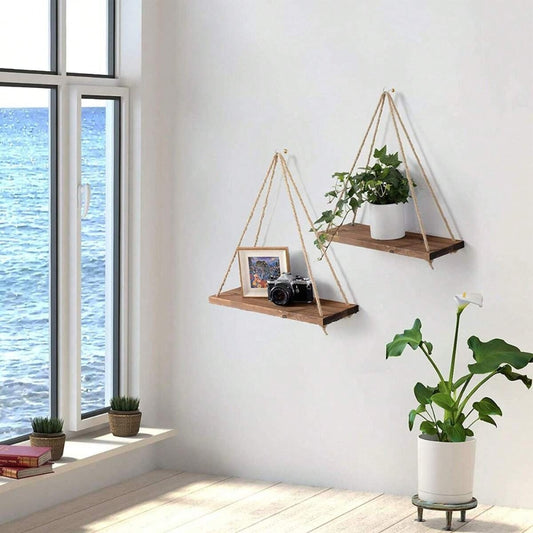 Wooden Swing Hanging Hemp Rope Wall Shelve Mounted Floating Plant Flower Pot - The Grand Bazaar of Australia
