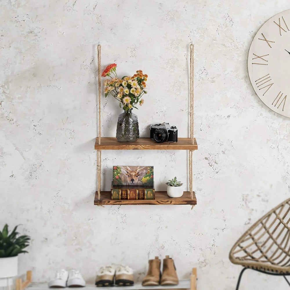 Wooden Swing Hanging Hemp Rope Wall Shelve Mounted Floating Plant Flower Pot - The Grand Bazaar of Australia