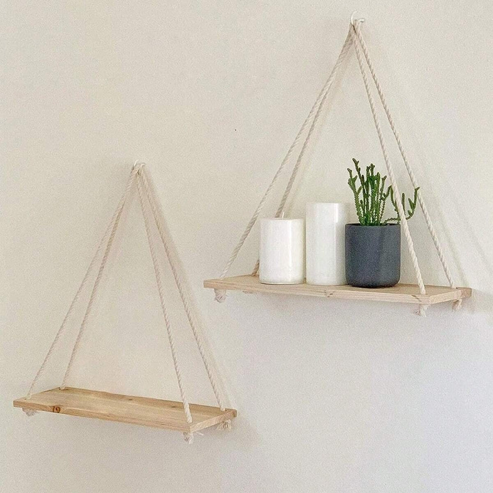 Wooden Swing Hanging Hemp Rope Wall Shelve Mounted Floating Plant Flower Pot - The Grand Bazaar of Australia