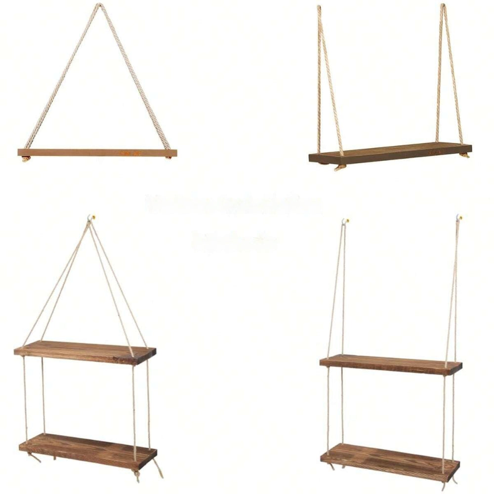 Wooden Swing Hanging Hemp Rope Wall Shelve Mounted Floating Plant Flower Pot - The Grand Bazaar of Australia