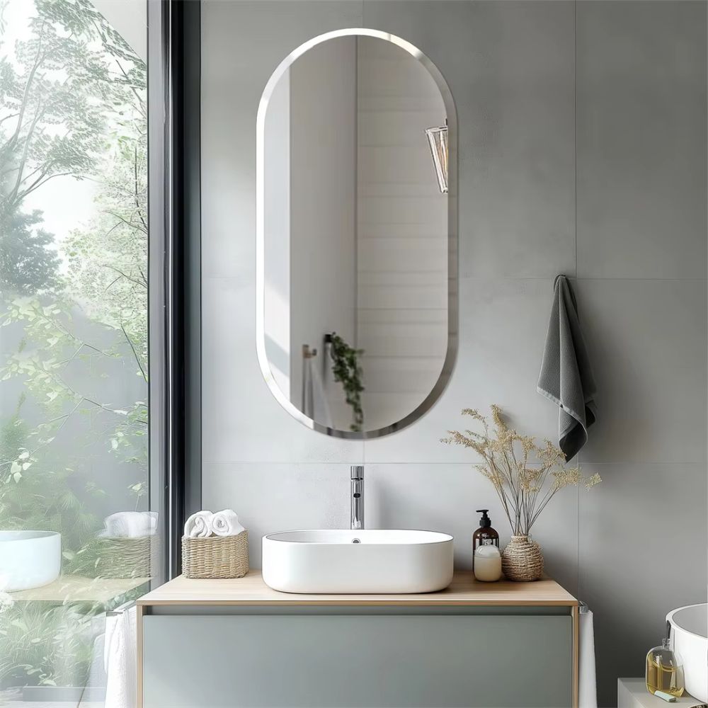 Stylish Frameless Long Oval Bathroom Vanity Mirror with Beveled Edge - The Grand Bazaar of Australia