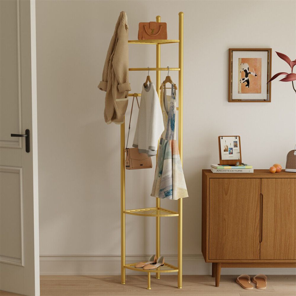 Standing Metal Corner Coat Stand Clothes Rack with Storage Shelf Garment Rack Hall Tree - The Grand Bazaar of Australia