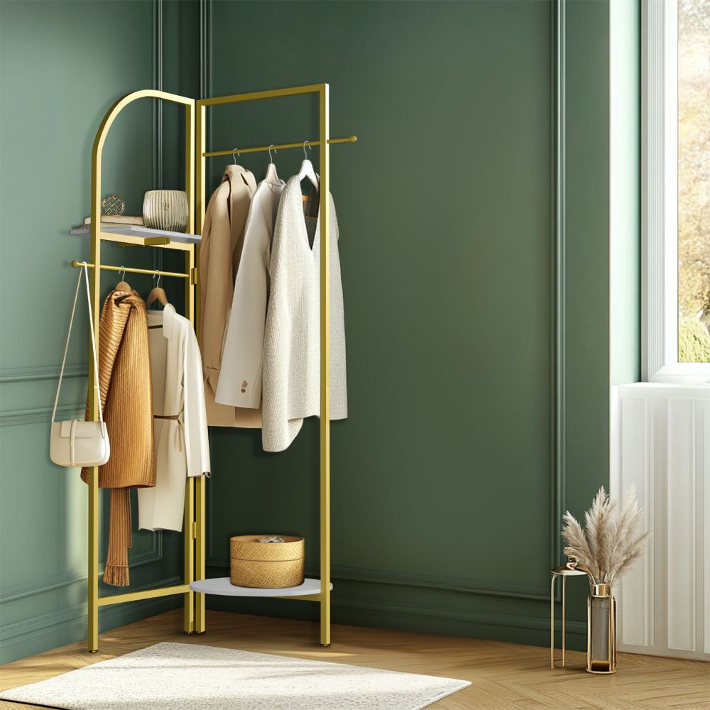 Freestanding Gold Metal Coat Rack Entryway Corner Clothes Stand with Shelf - The Grand Bazaar of Australia