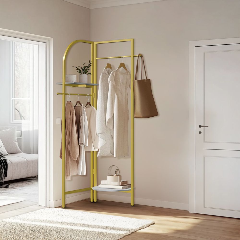 Freestanding Gold Metal Coat Rack Entryway Corner Clothes Stand with Shelf - The Grand Bazaar of Australia