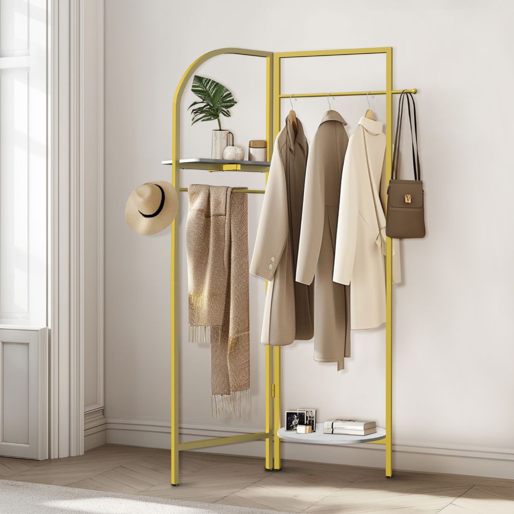 Freestanding Gold Metal Coat Rack Entryway Corner Clothes Stand with Shelf - The Grand Bazaar of Australia