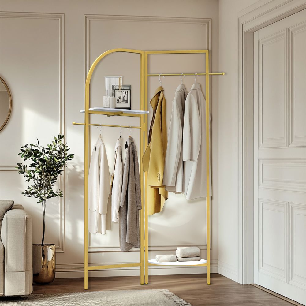 Freestanding Gold Metal Coat Rack Entryway Corner Clothes Stand with Shelf - The Grand Bazaar of Australia