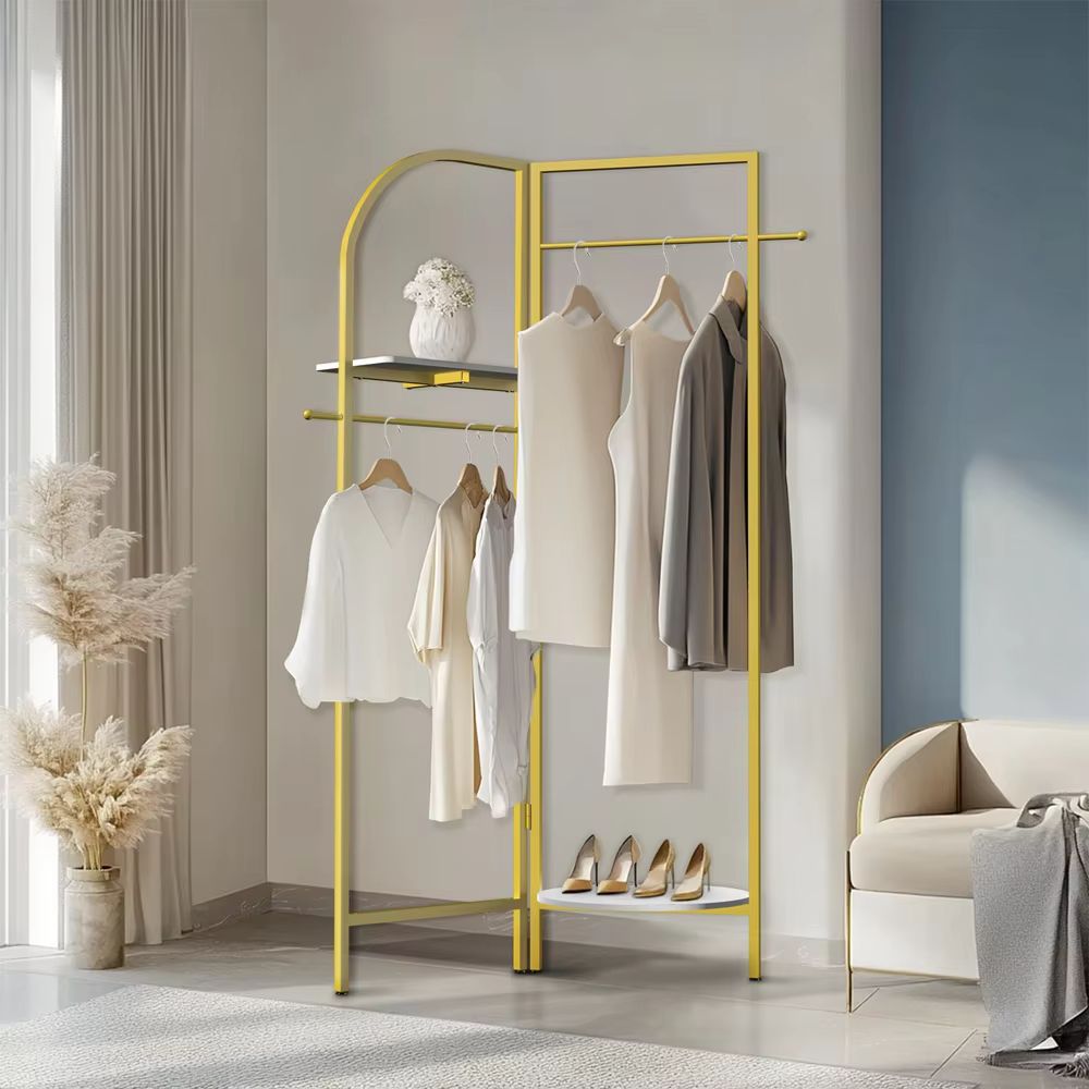 Freestanding Gold Metal Coat Rack Entryway Corner Clothes Stand with Shelf - The Grand Bazaar of Australia