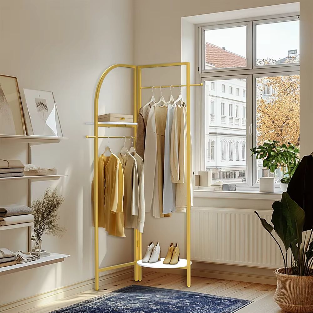 Freestanding Gold Metal Coat Rack Entryway Corner Clothes Stand with Shelf - The Grand Bazaar of Australia