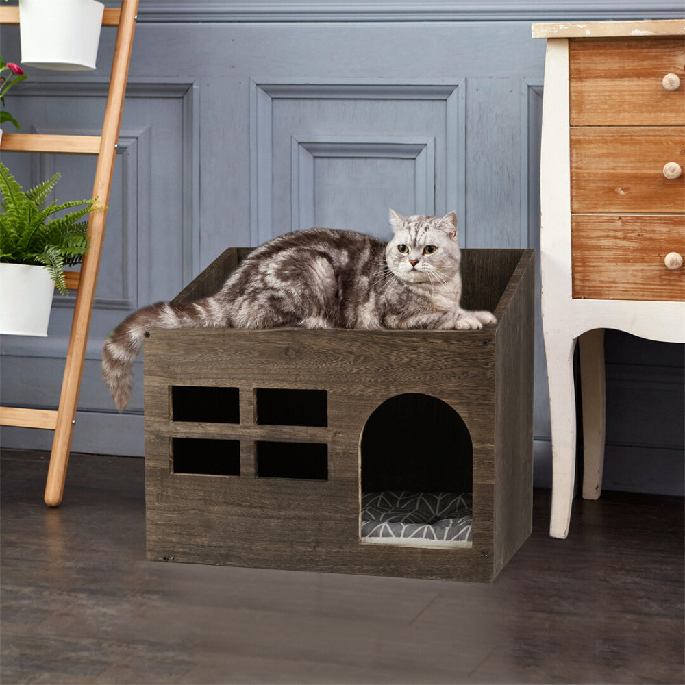 Cozy Wooden Cat Cave Bed with Cushion Pad and Litter Box - The Grand Bazaar of Australia