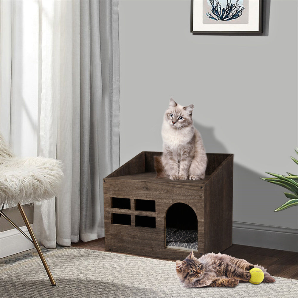 Cozy Wooden Cat Cave Bed with Cushion Pad and Litter Box - The Grand Bazaar of Australia