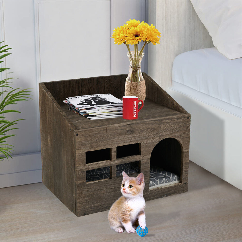 Cozy Wooden Cat Cave Bed with Cushion Pad and Litter Box - The Grand Bazaar of Australia