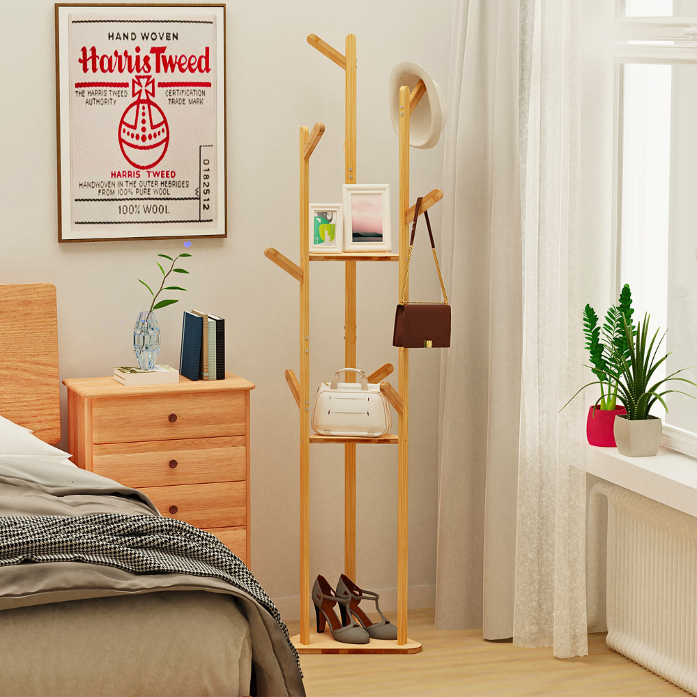 3-Layer Bamboo Coat Rack Tree Cloth Hanger with 9 Hooks - The Grand Bazaar of Australia