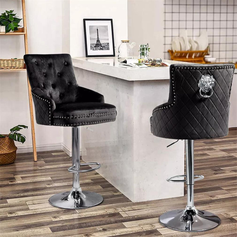 Velvet Swivel Bar Stools with Luxurious Upholstery and Lion Knocker Detail - The Grand Bazaar of Australia