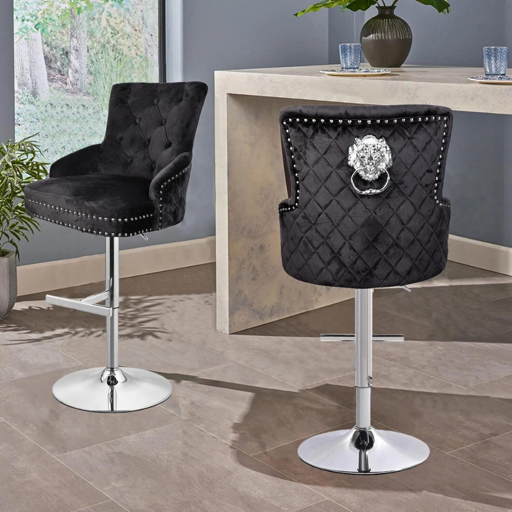 Velvet Swivel Bar Stools with Luxurious Upholstery and Lion Knocker Detail - The Grand Bazaar of Australia