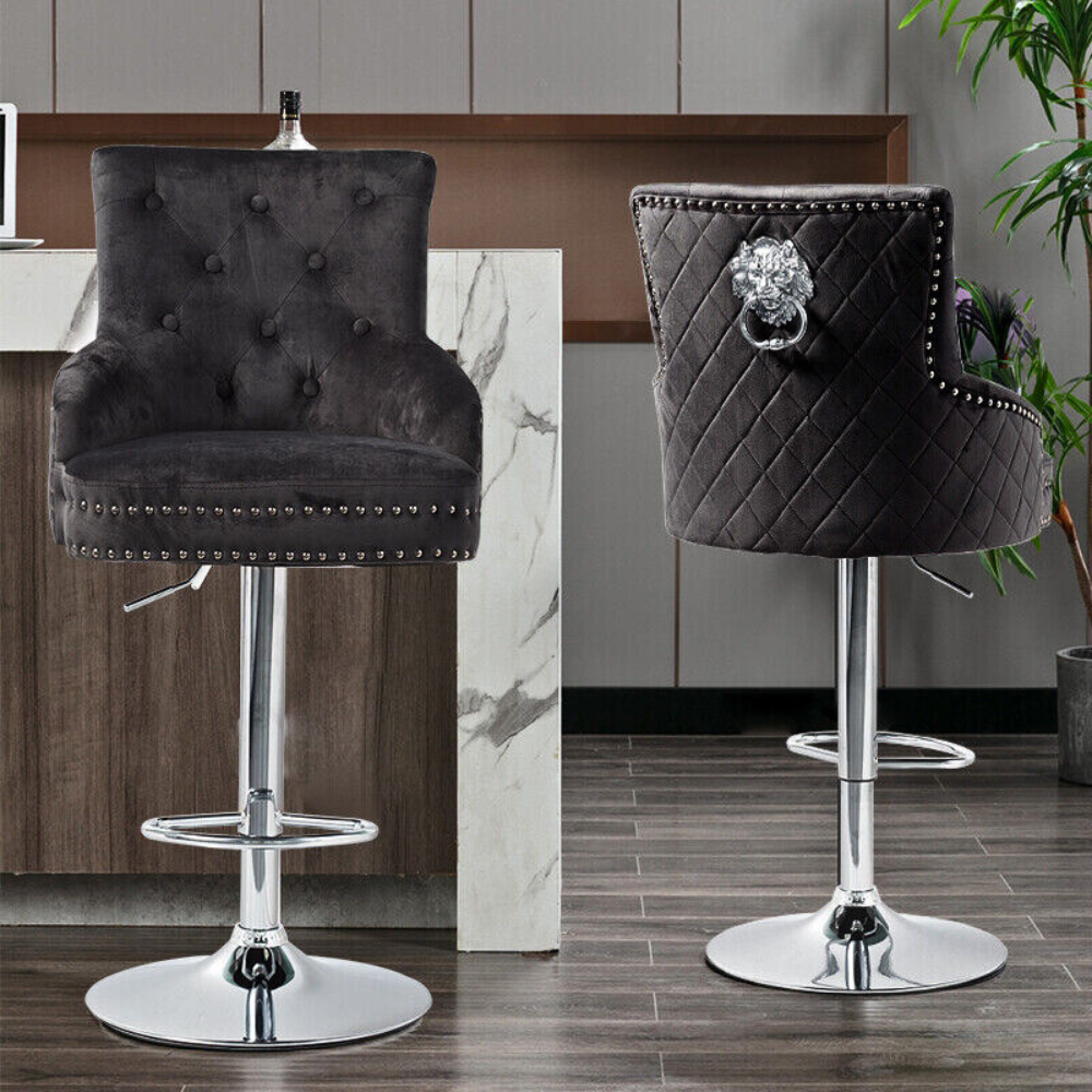 Velvet Swivel Bar Stools with Luxurious Upholstery and Lion Knocker Detail - The Grand Bazaar of Australia