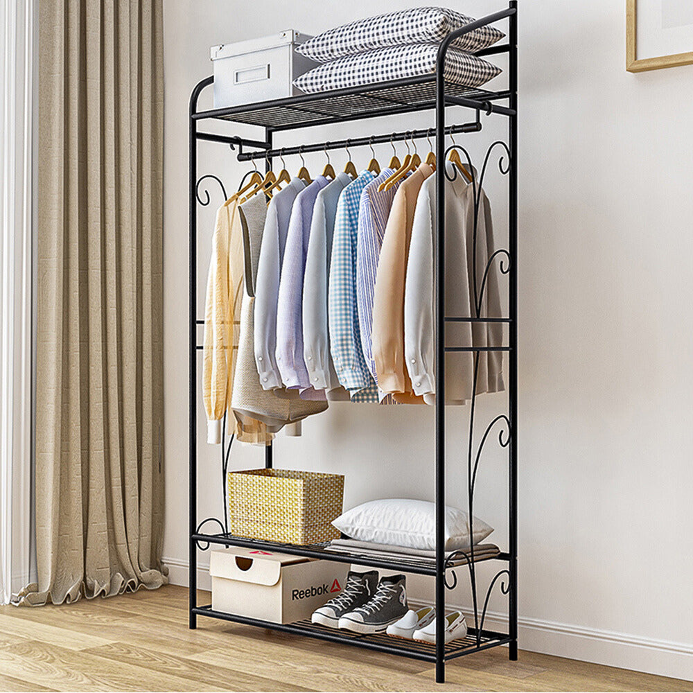 Black Metal Heavy Duty Clothes Rail Clothes Rack with 2 Shelf Storage Shelves - The Grand Bazaar of Australia