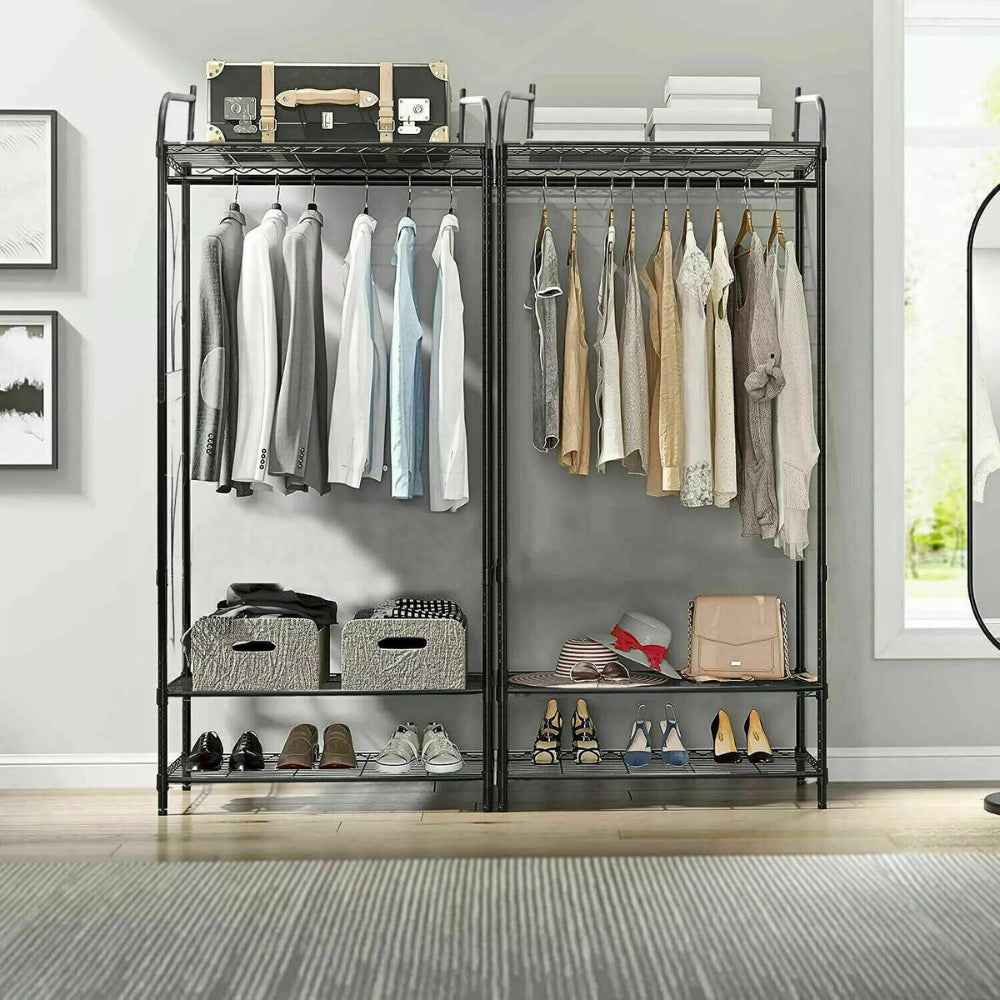 Black Metal Heavy Duty Clothes Rail Clothes Rack with 2 Shelf Storage Shelves - The Grand Bazaar of Australia