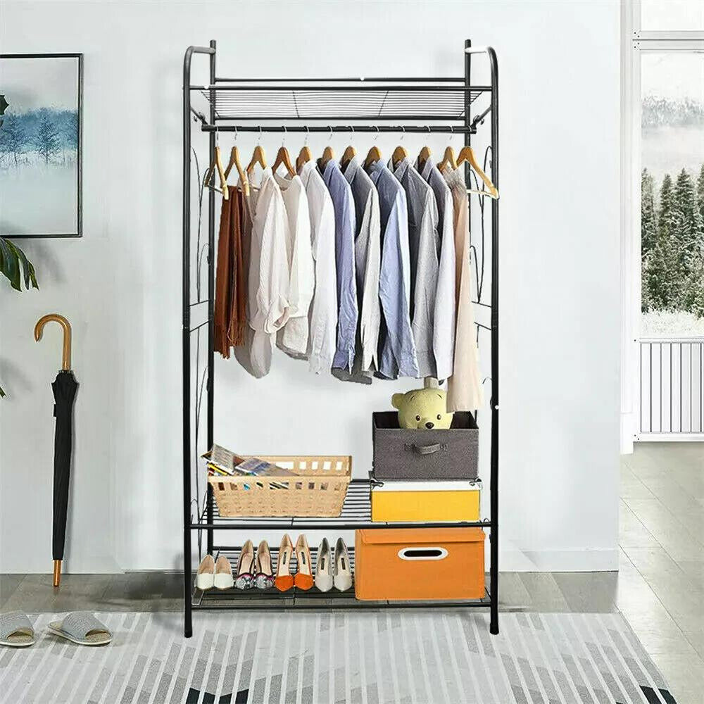 Black Metal Heavy Duty Clothes Rail Clothes Rack with 2 Shelf Storage Shelves - The Grand Bazaar of Australia