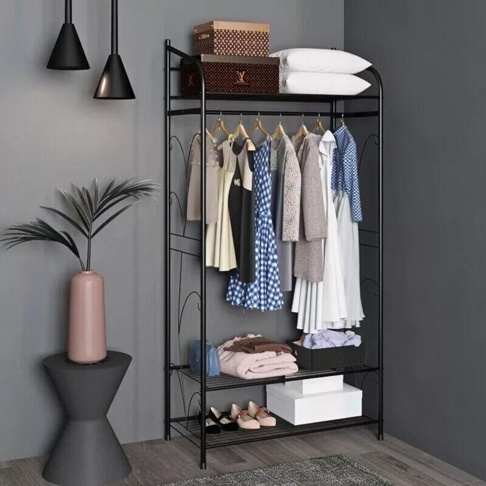 Black Metal Heavy Duty Clothes Rail Clothes Rack with 2 Shelf Storage Shelves - The Grand Bazaar of Australia