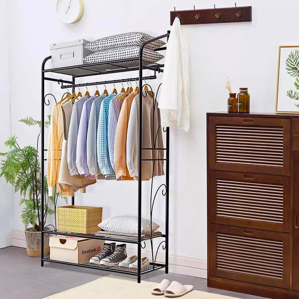 Black Metal Heavy Duty Clothes Rail Clothes Rack with 2 Shelf Storage Shelves - The Grand Bazaar of Australia