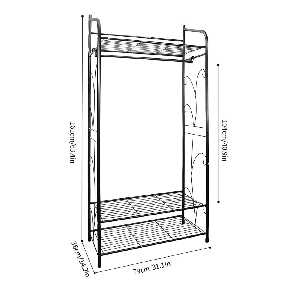Black Metal Heavy Duty Clothes Rail Clothes Rack with 2 Shelf Storage Shelves - The Grand Bazaar of Australia