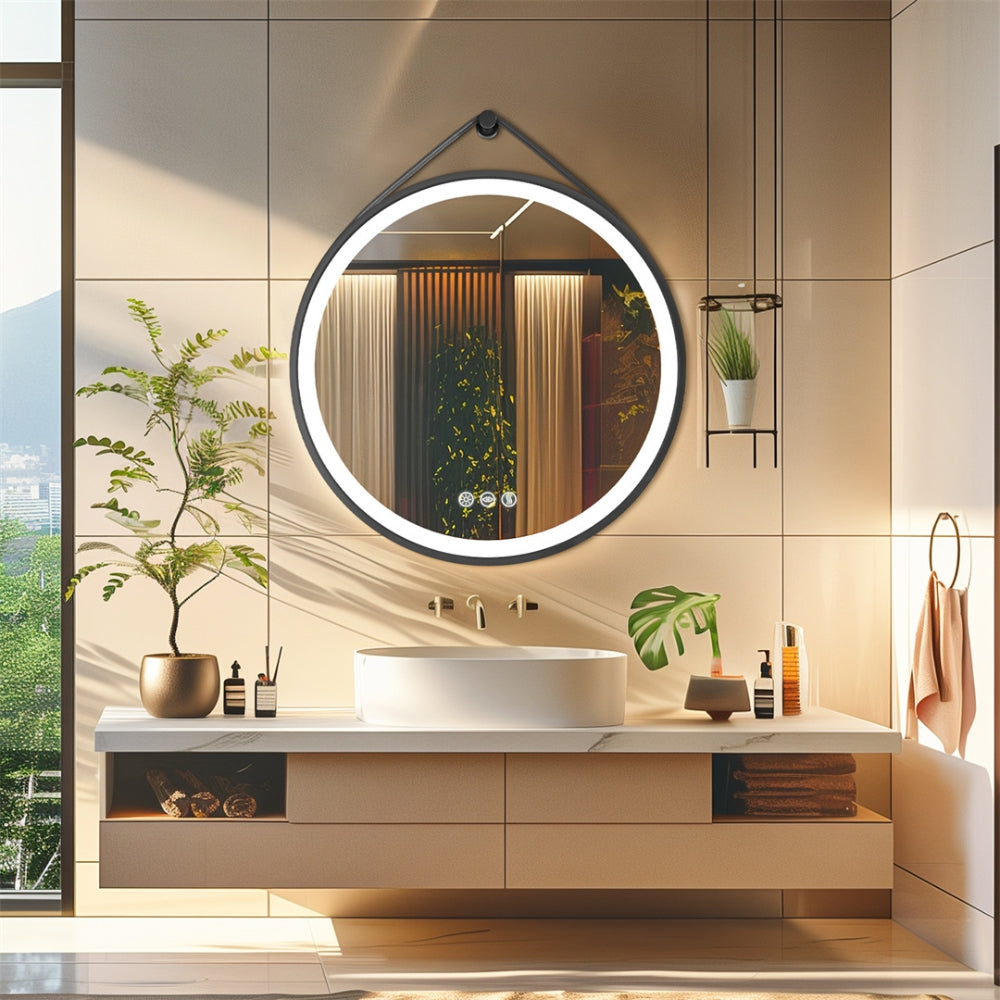 Round Bathroom Lighted Mirror With Touch Sensor Black Framed Mirror with LED Lights - The Grand Bazaar of Australia