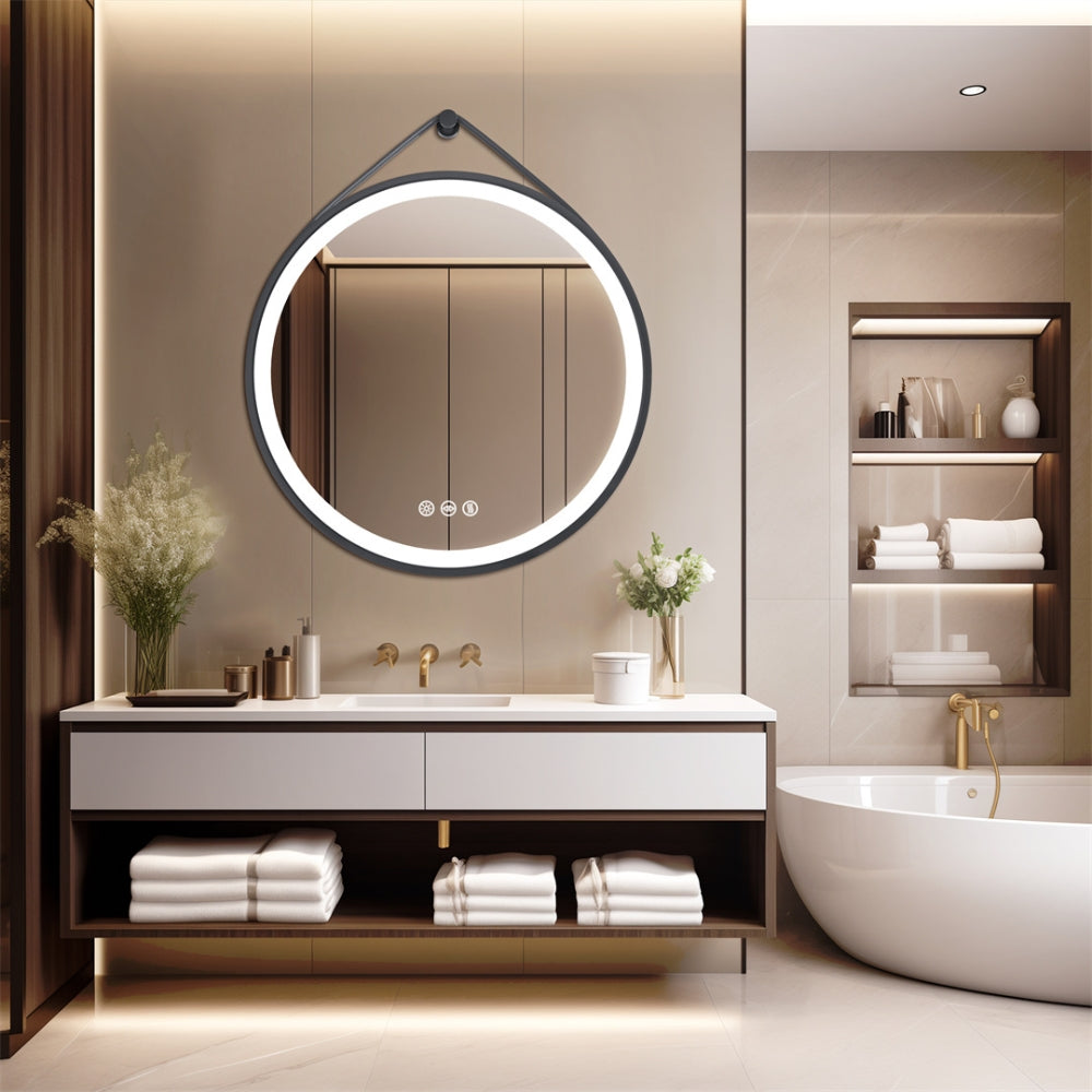 Round Bathroom Lighted Mirror With Touch Sensor Black Framed Mirror with LED Lights - The Grand Bazaar of Australia