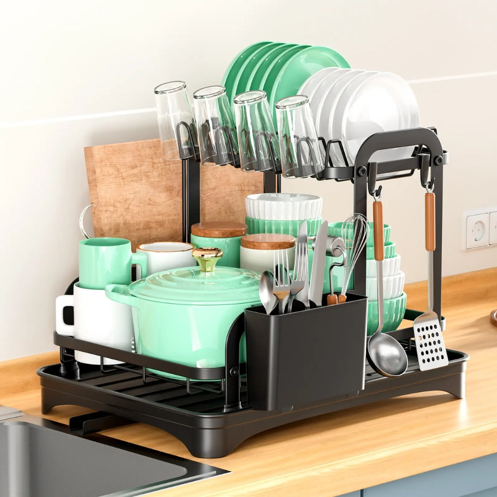 360 Degree Rotating 2 Tier Dish Bowl Drainer Kitchen Tableware Rack - The Grand Bazaar of Australia