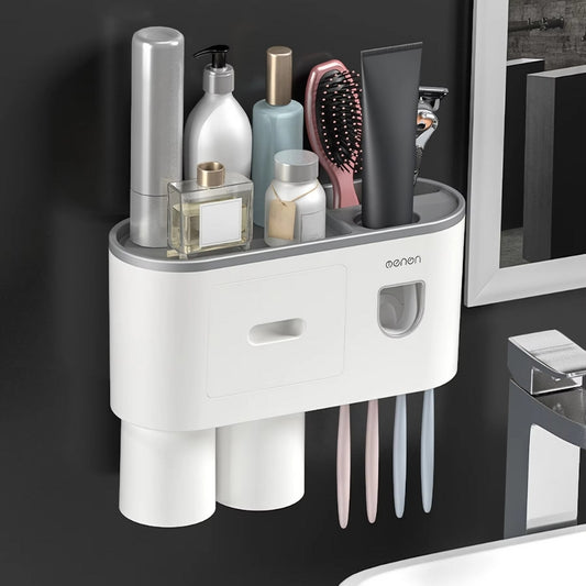 Wall Mounted No-Drill Toothbrush Holder with Toothpaste Squeezer & Storage Rack